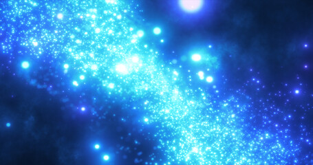 Abstract blue energy magic round particles round with bokeh effect glowing background