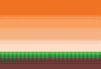 Pixel art game scene with ground, grass, trees, sky, clouds, character, coins, treasure chests and 8-bit heart