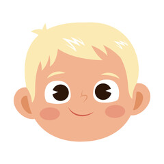 Happy face of blond boy vector. Cute facial expression of child, kid smiling isolated on white background. Childhood, emotions concept