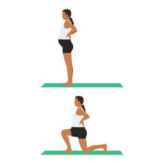 Fototapeta premium Side view of pregnant woman doing reverse lunges. prenatal fitness. Flat vector illustration isolated on white background