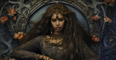 Fantasy portrait of a beautiful girl with long curly hair in a golden crown