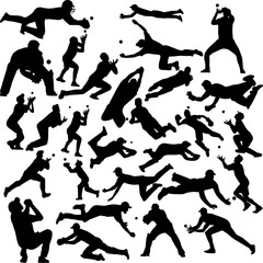 Set of cricket players, fielding and wicketkeeper catching ball silhouettes Vector Illustration