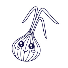 Onion kawaii character. Cute Kawaii Onion cartoon kids illustration. Food vegetable outline illustration. Onion in Doodle style. Kids coloring book