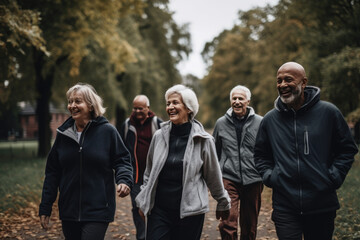 Seniors walking in the park together