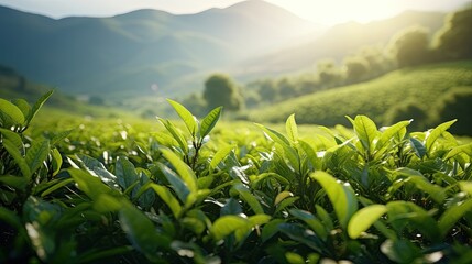 tea plantation background, tea plantation in morning light, Green tea buds and leaves at early morning on plantation