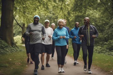Seniors walking in the park together
