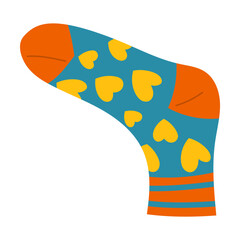 Blue sock with yellow heart pattern vector illustration. Cartoon drawing of colorful sock for children and adults isolated on white background. Fashion, accessory, clothes concept