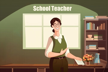 Generative AI. Female teacher in classroom. School and learning concept, teacher's day. Cute vector illustration in flat cartoon style