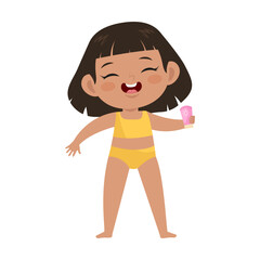 Cute girl in yellow swimwear vector illustration. Adorable kid holding tube of sunscreen in hand isolated on white background. Fashion, childhood, vacation, summer holidays concept