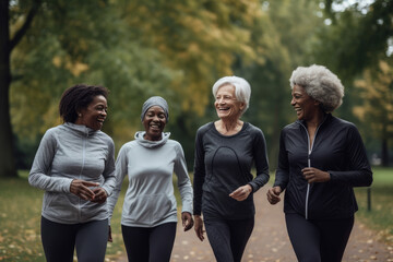 Group of seniors jogging together in a park