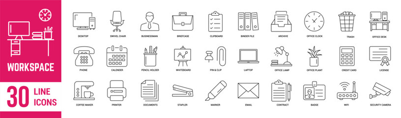 Office Workspace thin line Icons set. Workspace, computer, desk, employee, briefcase, clock and chair. Vector Illustration.