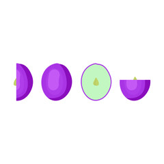 Halved grapes berry vector illustration. Cartoon drawing of front, side and up view of purple grape isolated on white background. Nature, food, fruit, diet concept