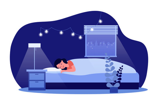 Young woman sleeping with lights on vector illustration. Soft lighting from table lamp and string lights for peaceful atmosphere and healthy sleep. Interior design, sleep environment concept