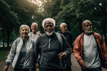 Group of seniors walking in a park in the city