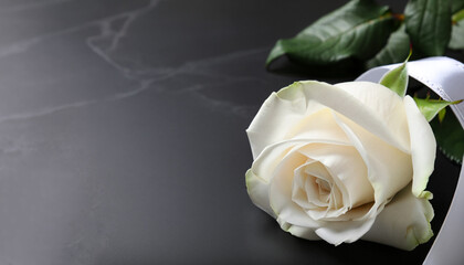 White rose and ribbon on black table, closeup with space for text. Funeral symbols