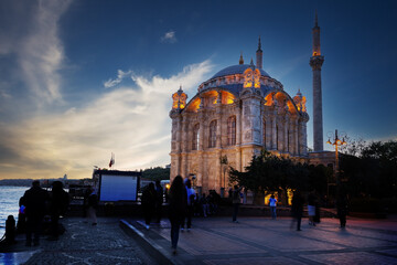 Ortakoy Mosque on the banks of the Bosphorus at sunset - 630959156