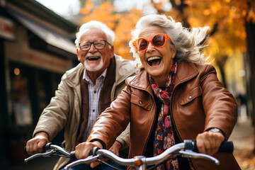Cheerful active senior couple with bicycle in public park together having fun lifestyle. Perfect activities for elderly people. Happy mature couple riding bicycles in park. Generative AI Technology - obrazy, fototapety, plakaty