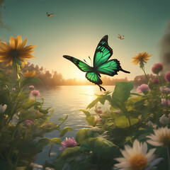 a green butterfly flying around many flowers around a lake with the sun lighting up from the horizon