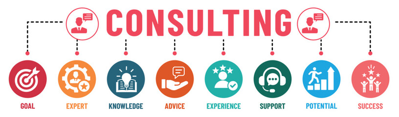 Consulting banner infographic colours rounded background with icons set. Goals, expert, knowledge, advice, experience, support, potential, and success. Vector illustration - obrazy, fototapety, plakaty