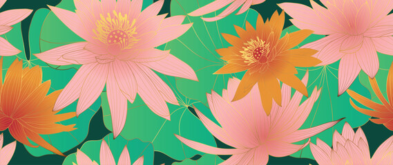 Luxury Lotus flowers background vector. Elegant gradient gold lotus flowers line art, leaves on green background. Oriental design for wall arts, cover, print, decoration, packaging design.
