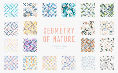 Geometric Maze Patterns. Natural Blue and Green Ornaments and Textures. A Collection of Abstract Seamless Vector Backgrounds
