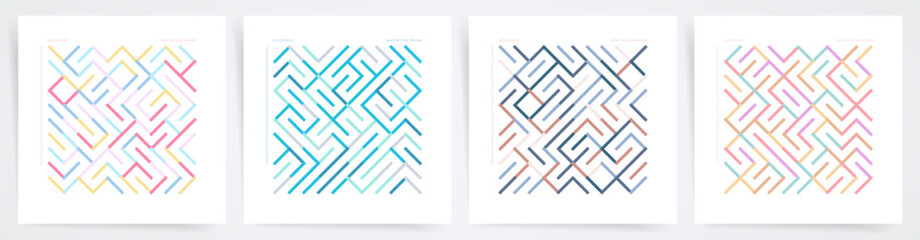 Creative Geometric Linear Design Set. Seamless Maze Patterns with labyrinth game colorful elements.