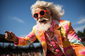 Youthful and stylish senior old man with extravagant clothes and sunglasses. Carefree positive pensioner wear trendy colourful outfit. Youthful senior people and lifestyle concept. Generative AI