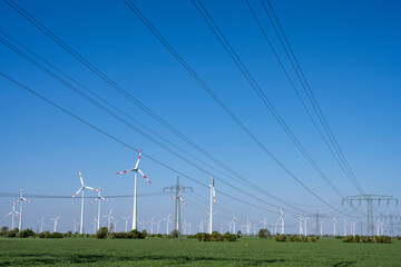 Wind trubines and electric power lines seen in Germany