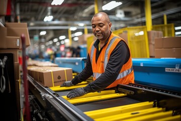 Obraz premium Warehouse Staff Member Using A Conveyor, Generative AI