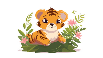 Vector illustration of little tiger baby in flower field.