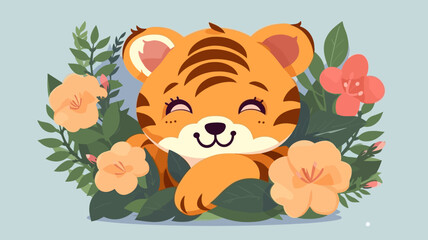 Vector illustration of little tiger baby in flower field.