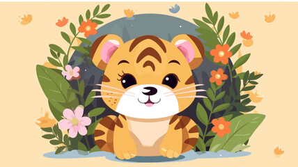 Obraz na płótnie Canvas Vector illustration of little tiger baby in flower field.