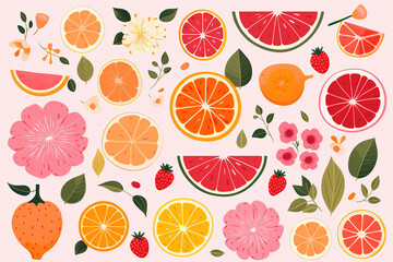 Stylized vector art of fruit on a pink background.  Generative AI.