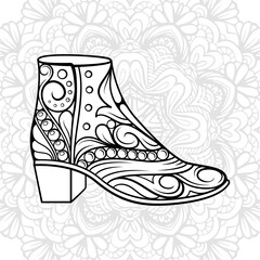 High heel boot antistress coloring page. Vector fashion illustration.