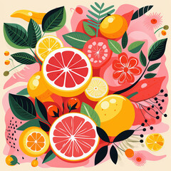 Stylized vector art of citrus fruit on a pink background.  Generative AI.