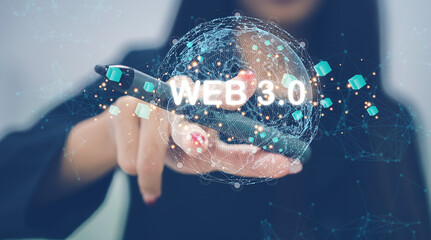 Human hold Web 3.0 with globe, big Data and blockchain concept, Technology development network, blockchain technology, global futuristic, website internet, business and WEB 3.0 concept