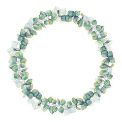 Watercolor wreath with eucalyptus branch. Silver dollar greenery isolated on white background. Botanical illustration for postcard design, invitation template, Valentine day, birthday cards