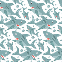 A pattern with a cartoon shark swimming in different directions. Lots of blue sharks on a white background. printing on textiles and paper, children's illustration