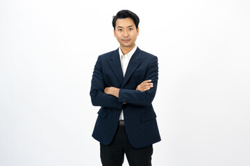 Obraz na płótnie Canvas Portrait of Happy Young asian businessman on isolated white background. Handsome businessman in office suit uniform.