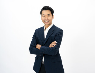 Portrait of Happy Young asian businessman on isolated white background. Handsome businessman in office suit uniform.