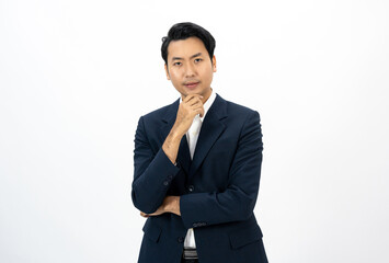 Portrait of Young asian businessman thinking on isolated white background. Handsome businessman in office suit uniform.