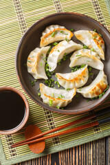 Fried dumplings gyoza with soy sauce and chopsticks closeup on the plate on the table. Vertical top view from above