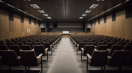 Illustration of spacious hall for lectures and presentations. Big conference room indoor background.