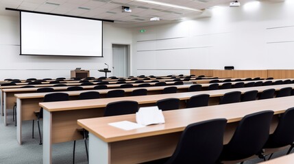 Illustration of well lit spacious hall for lectures and presentations. Classroom with whiteboard indoor background.