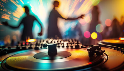 Fototapeta na wymiar Professional dj music mixing turntable console on the foreground and blurred crowd of dancing people on backdrop. Club party event poster horizontal template.