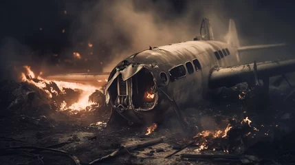 Foto op Plexiglas Oud vliegtuig Dramatic illustration of aeroplane accident. Crashed and burnt air plane on sunset background.