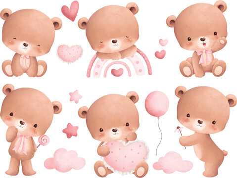 Watercolor illustration set of cute Teddy bears