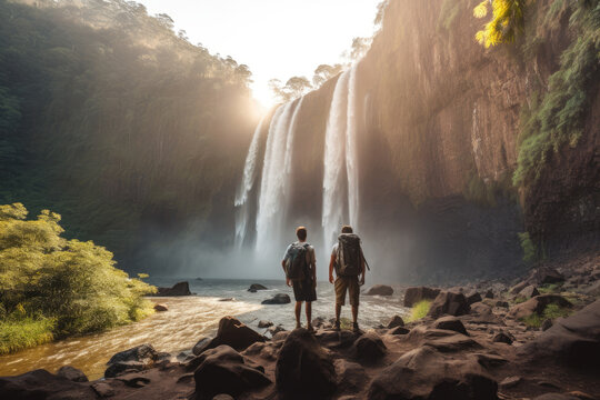 Two backpackers hiking against waterfall. Generative AI.