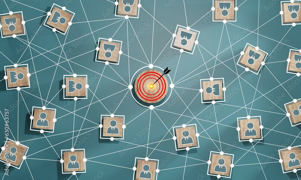 Wall mural red dartboard and black arrow connection linkage with human icon for customer focus target group and