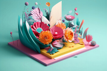 An open book with paper flowers on a vibrant color background. Illustration open book with paper flowers coming out of the pages.